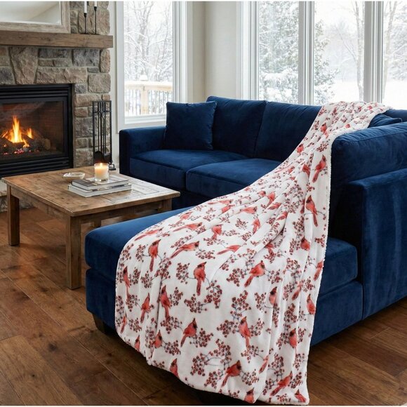 Cardinal Red Bird Sherpa Throw Blanket Plush Soft Reversible - Picture 3 of 4